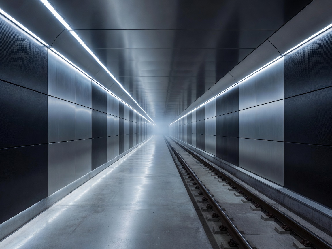 Illuminated subterranean transit tube inside the Gotthard Base Tunnel