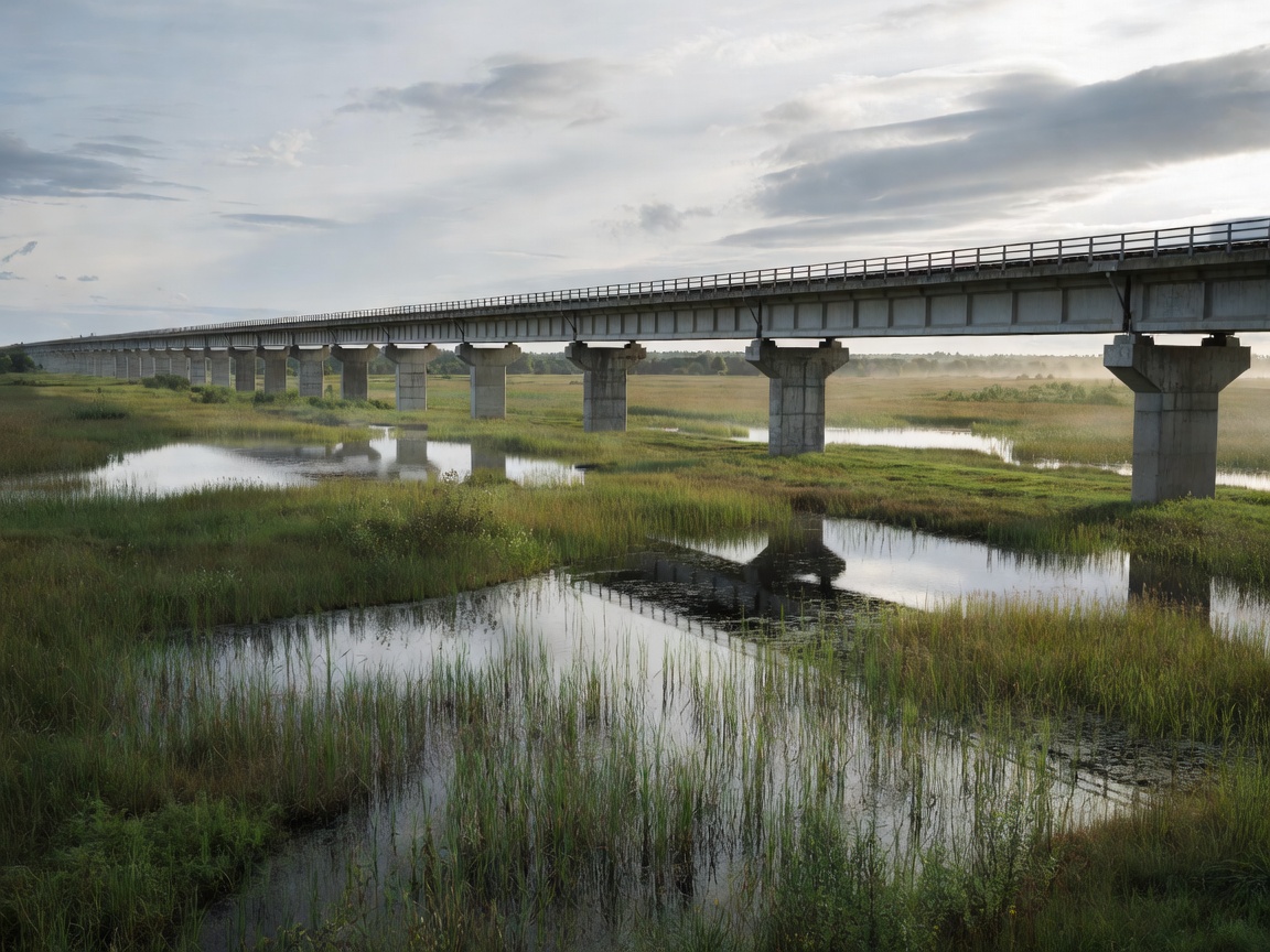 High speed railway tracks on an elevated concrete viaduct crossing across wetlands