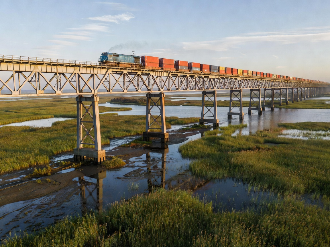 High speed railway viaduct traversing over wetlands and water