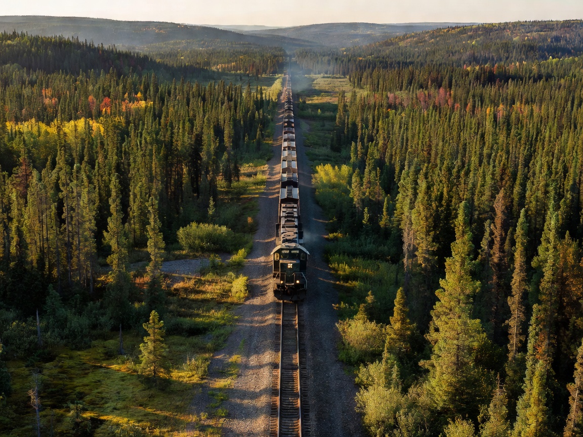 Train on long railway tracks cutting through vast northern wilderness forest
