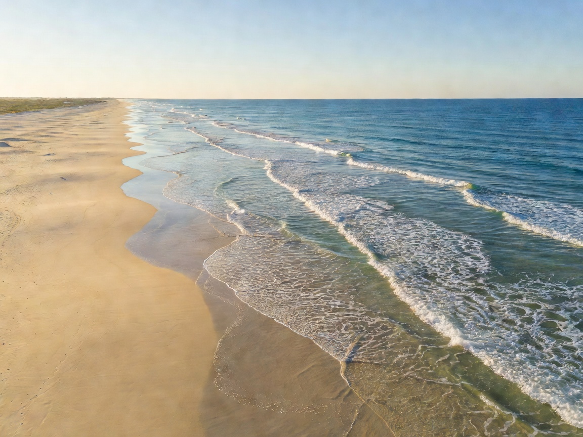 Unbroken wide sandy beach with ocean tides stretching into the distant horizon